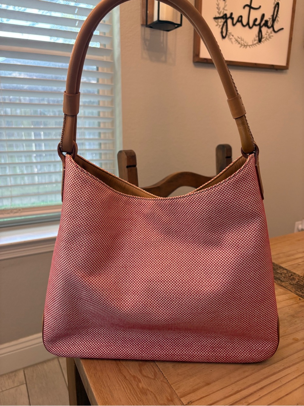 Burberry Pink Woven Shoulder Bag with Tan Handles
